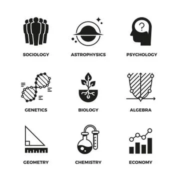 Science vector icons set. Genetics and economy, algebra and chemistry. Geometry Stock Illustration