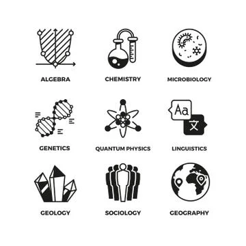 Science vector pictograms. Genetics, algebra, chemistry, biology, geography Stock Illustration