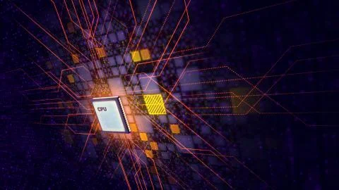 A scientific 3d illustration of a square CPU screen composing a powerful blac Stock Illustration