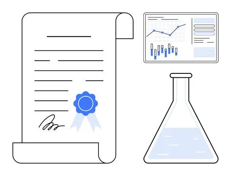 Scientific Achievement Certificate with Data Analysis and Laboratory Flask Stock Illustration