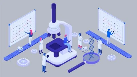 Scientific analysis microworld in laboratory future isometric concept. Detailed Stock Illustration