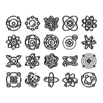 Scientific atom molecule structure particles icons illustrating physics Stock Illustration