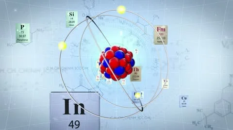 Scientific background. Atom model with elements of Periodic table and formulas Stock-Footage 10900265