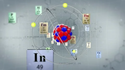 Scientific background. Atom model with elements of Periodic table and formulas Stock-Footage 10900277