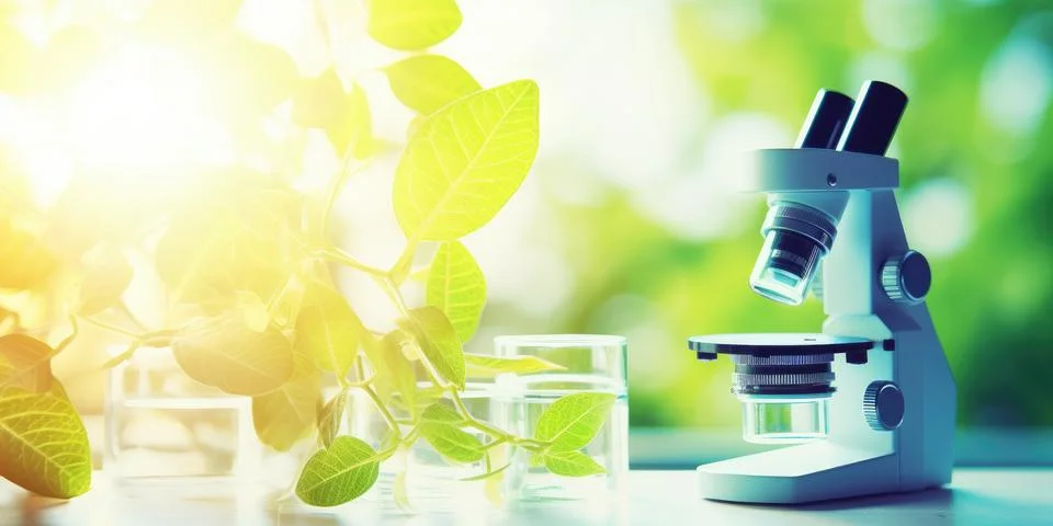 Scientific Breakthrough, Microscope and Young Plant in Test Tube - Laborato.. Stock Photos