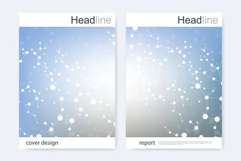 Scientific brochure design template. Vector flyer layout, Molecular structu.. Illustrazione stock