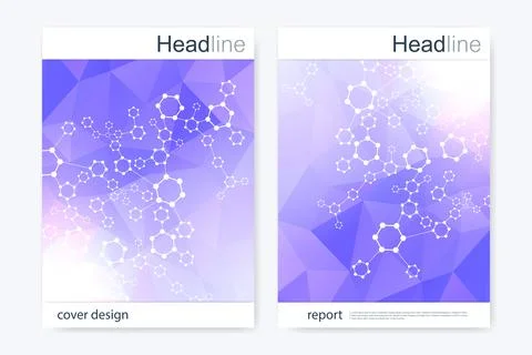 Scientific brochure design template. Vector flyer layout. Hexagonal molecul.. Stock Illustration