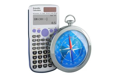 Scientific calculator with compass. 3D rendering Scientific calculator wit... Stock Photos
