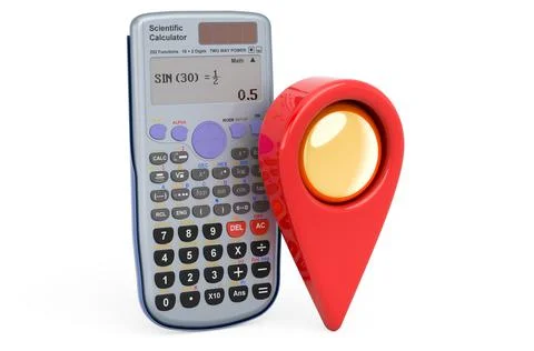 Scientific calculator with map pointer. 3D rendering Stock Illustration