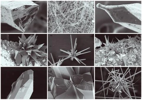 Scientific collage. Crystal in electron microscope Stock Photos