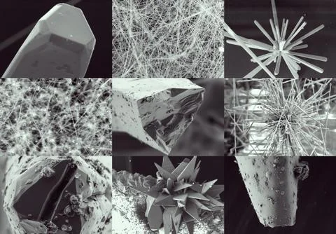 Scientific collage. Crystal in electron microscope Stock Photos