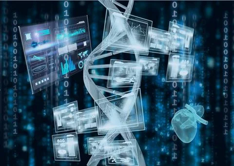 Scientific data binary coding processing with screens and dna strand on black Stock Photos