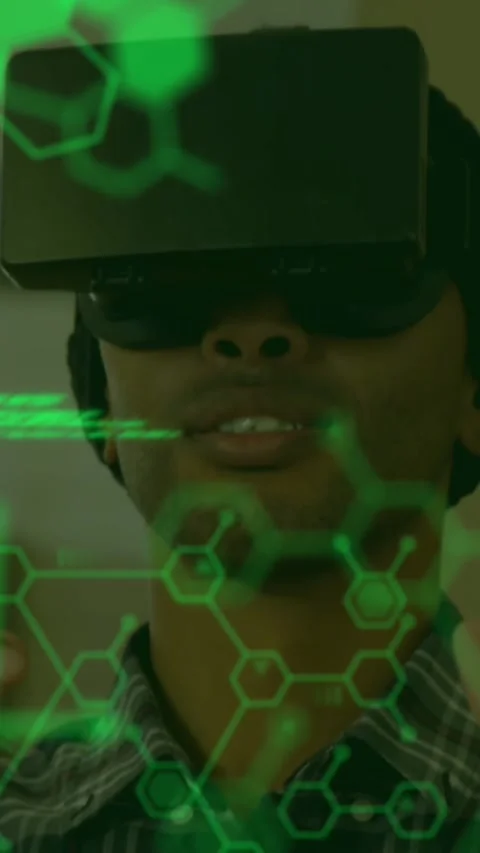 Scientific data with man wearing VR headset in a background 4k Stock Footage 342225763
