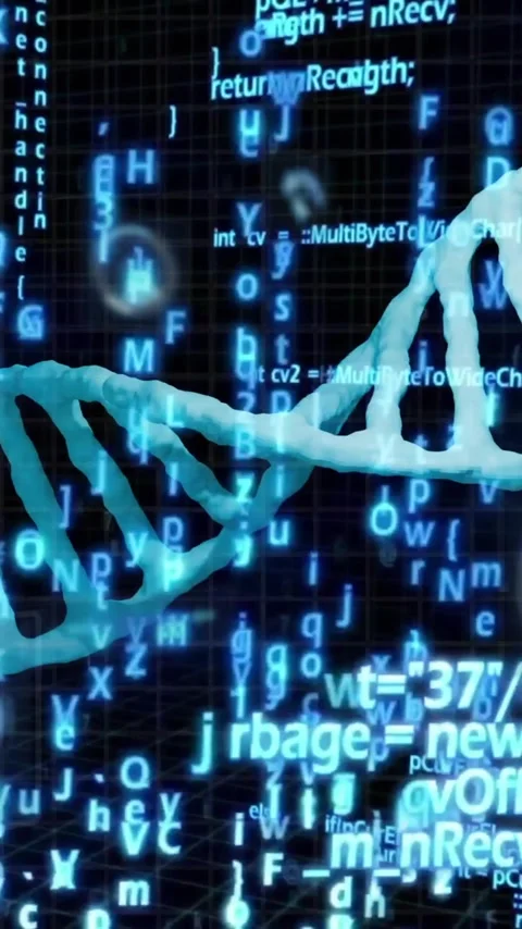 Scientific data processing animation with DNA strand and binary coding elements 库存影片 344404201