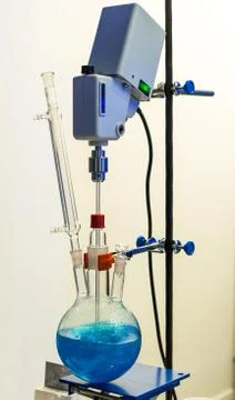 Scientific equipment. Flask with buffer solution. Fotos de archivo