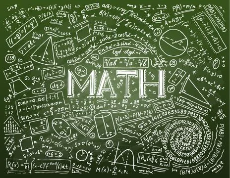 Scientific formulas and calculations in physics and mathematics on whiteboard Stock Illustration