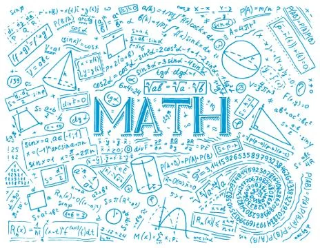 Scientific formulas and calculations in physics and mathematics on whiteboard Illustrazione stock