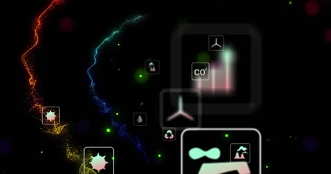 Scientific icons and data processing animation over dark background with glowing Stock Footage 305526726