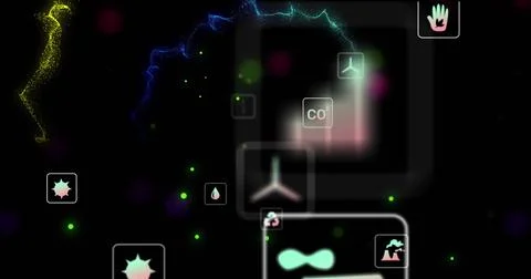 Scientific icons and data processing image over dark background with glowing Stock Illustration