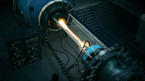 Scientific installation showcasing radiant plasma tubes along walkways Stock Footage 340351765