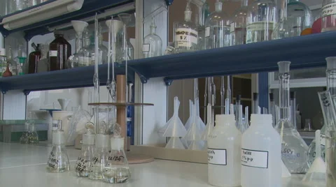 Scientific laboratory. Bottles, jars, flasks, test tubes. Stock Footage 40523965