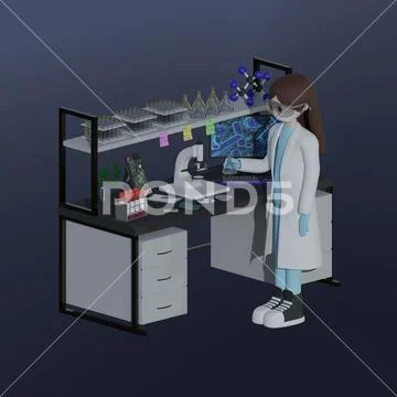 Scientific laboratory equipment with the microscope and laboratory worker PSD Template