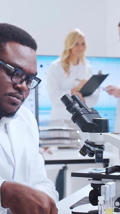 Scientific laboratory filled with various research equipment. Scientists are Stock Footage 304521308