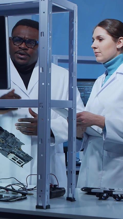 Scientific laboratory filled with various research equipment. Scientists are Stock Footage 304525096