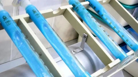 In a scientific laboratory, a machine with blue ampoules is operating. Stock Footage 130897140