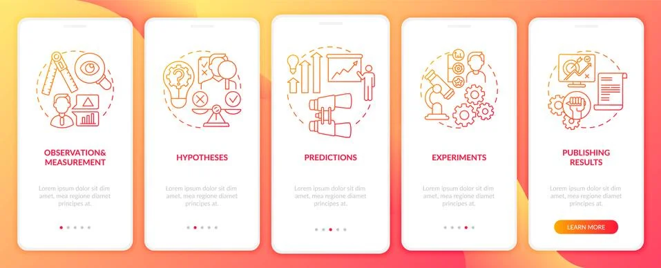 Scientific method elements onboarding mobile app page screen with concepts Stockillustratie