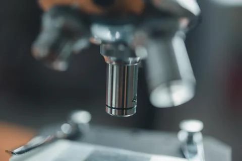 Scientific microscope data analysis in the metal lens at laboratory. resear.. Stock Photos