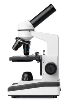 Scientific microscope isolated on white background, front view Stock Photos
