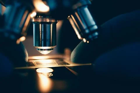Scientific microscope in modern clean laboratory light Stock Photos