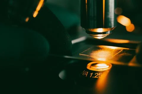 Scientific microscope in modern clean laboratory light Stock Photos