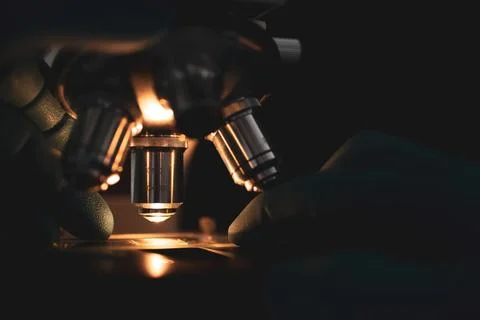 Scientific microscope in modern clean laboratory light Stock Photos