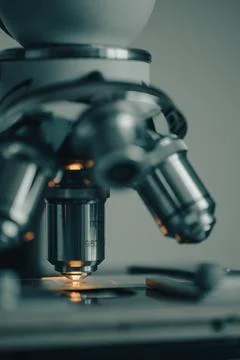 Scientific microscope in modern clean laboratory light Stock Photos