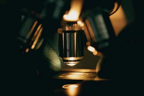 Scientific microscope in modern clean laboratory light Stock Photos