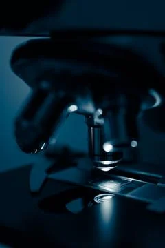 Scientific microscope objective in lab light Stock Photos