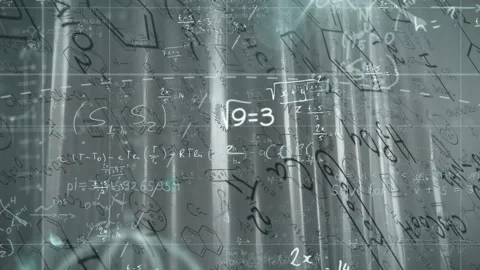 Scientific notations drifting inward, forming glowing ?9=3, E=mc^2, rotating Stock Footage 332881903