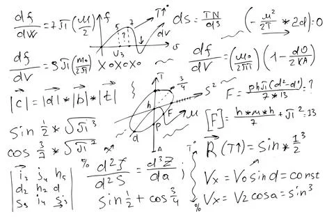 Scientific physical formulas and calculations. educational background hand-drawn Stock Illustration