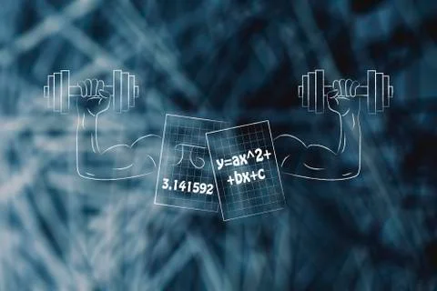 Scientific research and math documents with muscled arms lifting dumbbells Stock Illustration