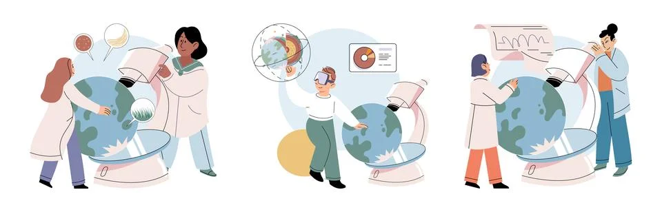 Scientific research. Examining data collected during experiments helps draw.. Stock Illustration