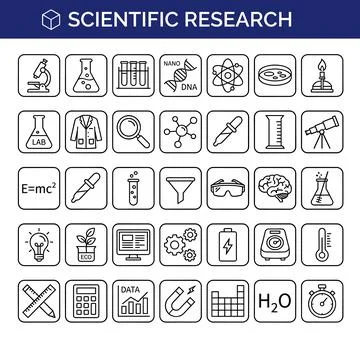 Scientific research icons collection with microscope, DNA, flask, brain, E=.. Stock Illustration