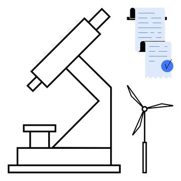 Scientific Research Microscope with Wind Turbine and Document Checklist Vecto イラスト素材