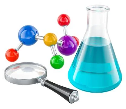 Scientific Research Tools with Molecule Model, Loupe and Lab Flask. 3D Rend.. Stock Illustration