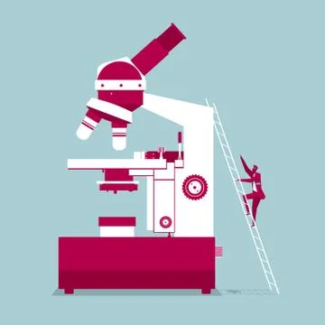 Scientific research uses a microscope. Isolated on blue background. Stock Illustration