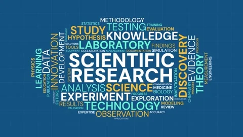 Scientific research word cloud animation with blue blueprint background 库存影片 341683431
