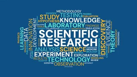 Scientific Research Word Cloud Typography Illustration on Blue Background Stock Illustration