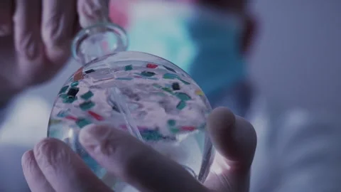 Scientific researcher studying microplastic particles suspended in a liquid insi Stock Footage 331322319