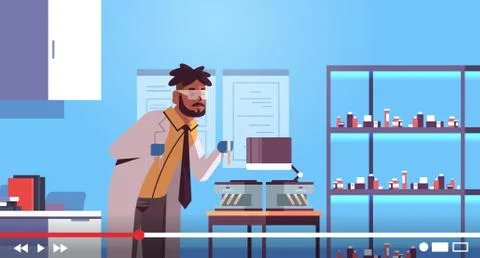 Scientific researcher using microscope african american man blogger making ex Stock Illustration